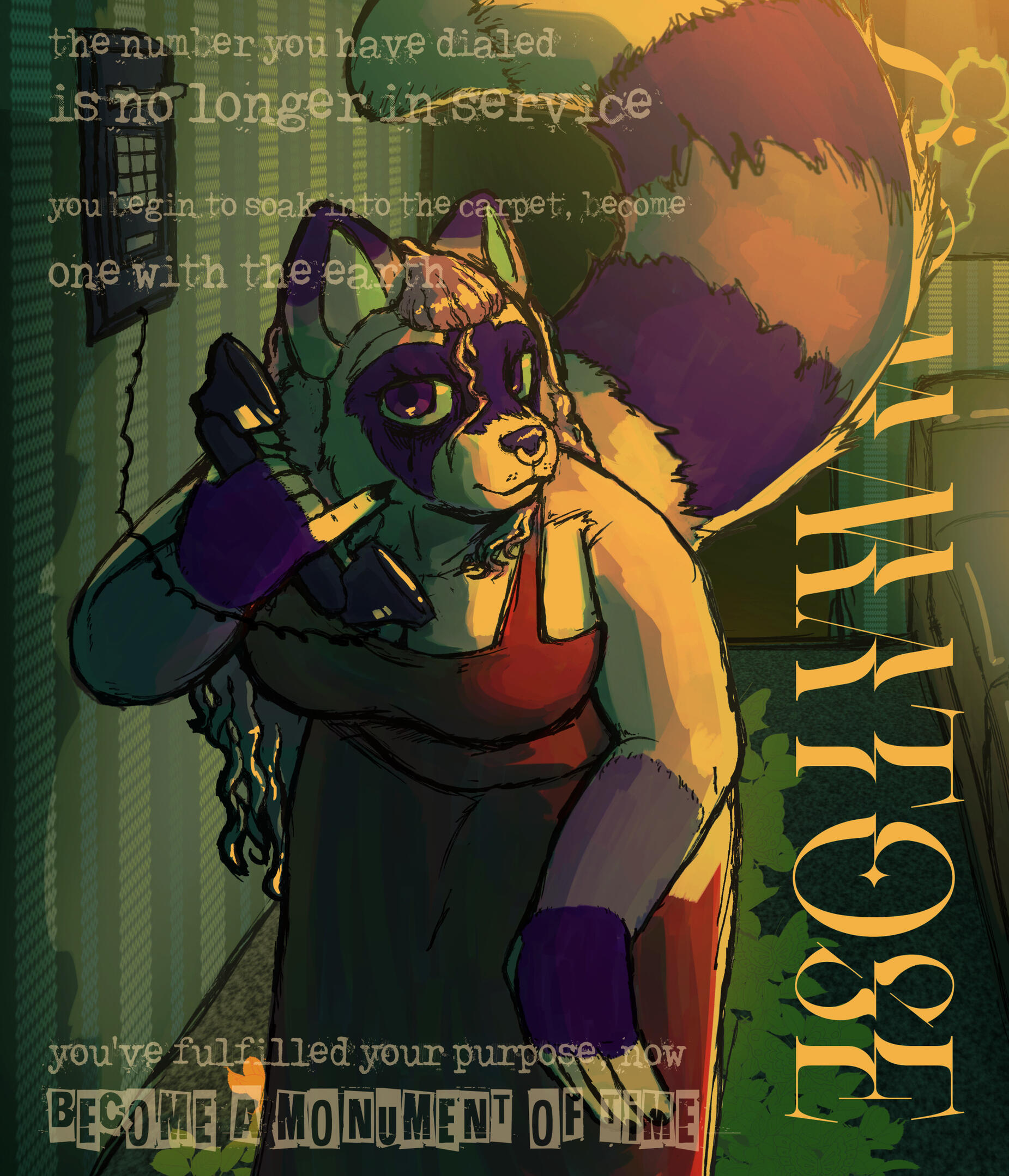 A purple raccoon-cat furry in a red dress with wet hair leaning over, using a landline telephone with her pinky sticking out