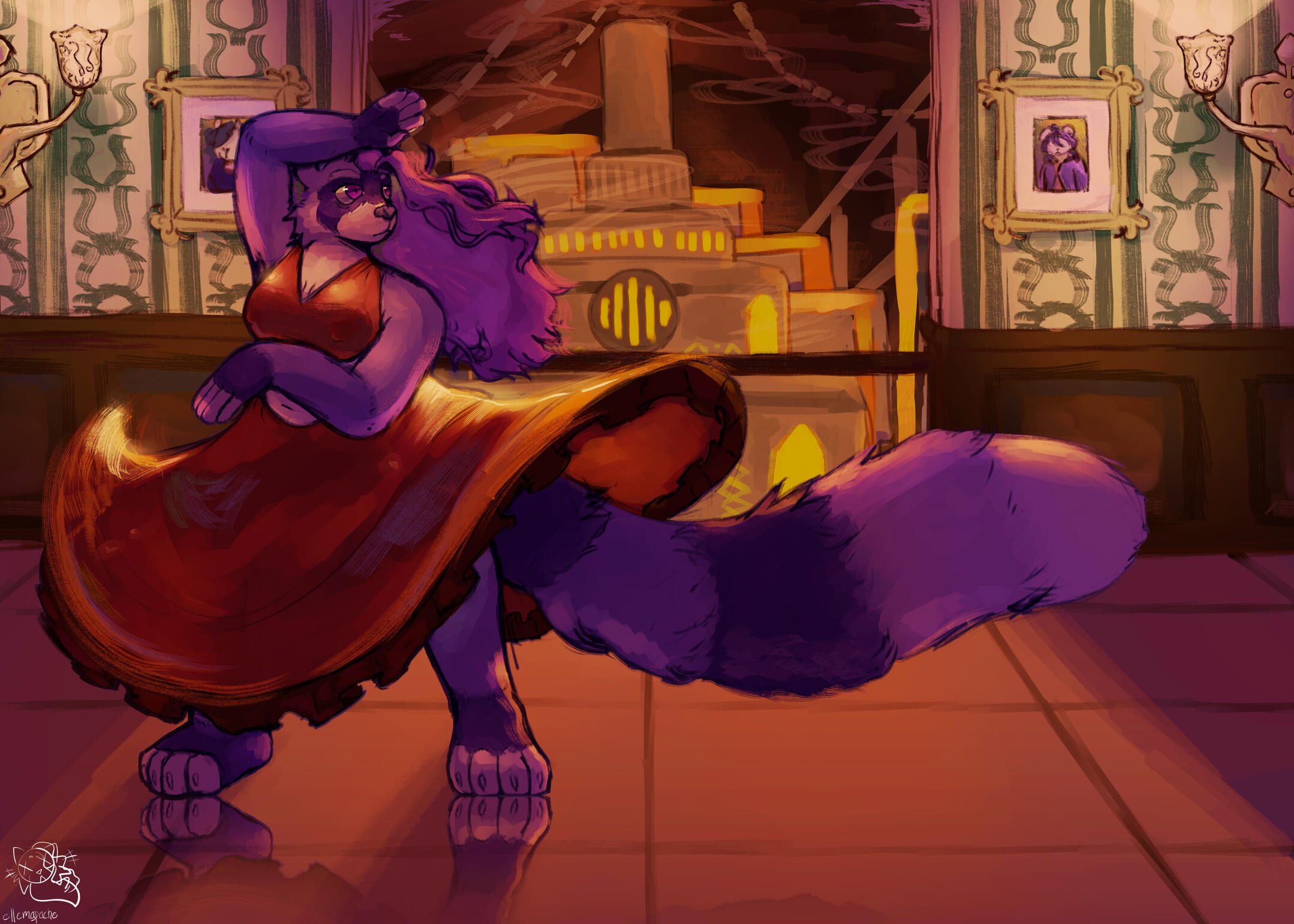 A purple raccoon-cat furry in a red dress, spinning with both feet planted on the floor, while one hand rests above her face and the other stays in a firm position, contrasting one another. She is dancing in a hotel hallway overlooking a forge.